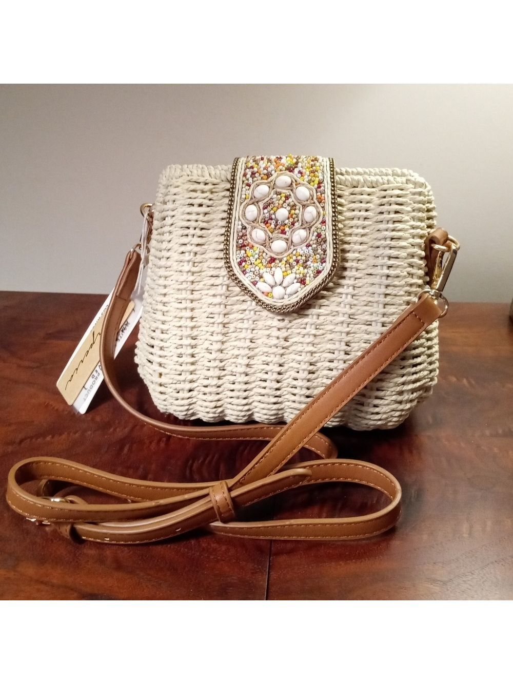 NWT Emperia Natural Straw And Vegan Leather Crossbody Bag With Beaded Accents